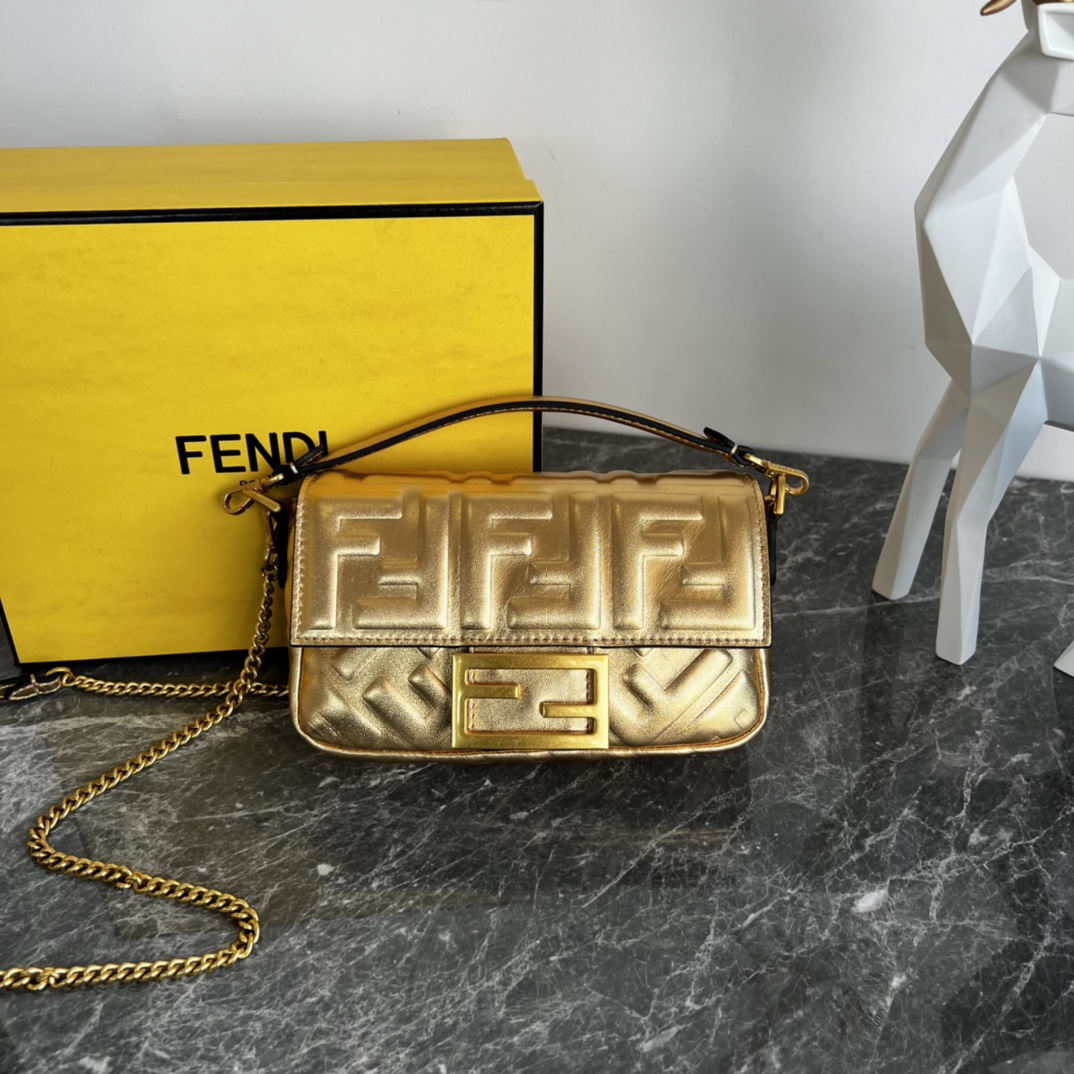 Fendi Mini Baguette Nappa Leather 3D-effect FF Shoulder Bag Gold